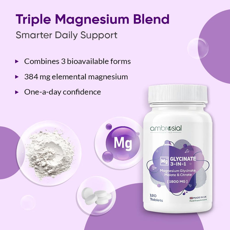 Ambrosial Magnesium Glycinate 3-in-1 Complex 1800 mg – Triple Magnesium Supplement with Glycinate, Citrate & Malate – 384 mg Elemental Mag. – UK Made, GMP Certified – 120 Tablets