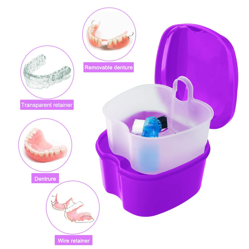 [Australia] - Colorful Denture Bath Case with Brush, Denture Cup Soaking Holder False Teeth Container Mouth Guard Storage Case Cleaning with Lid Waterproof - Purple 