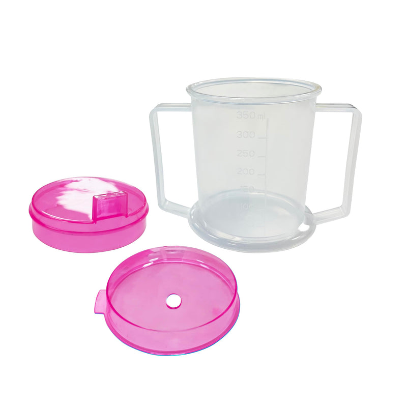 Adult Drinking Cup 350ML Beaker with Handles & Anti Spill lids for Disabled Adults Dishwasher and Microwave Safe BPA, PVC and Latex Free Pink