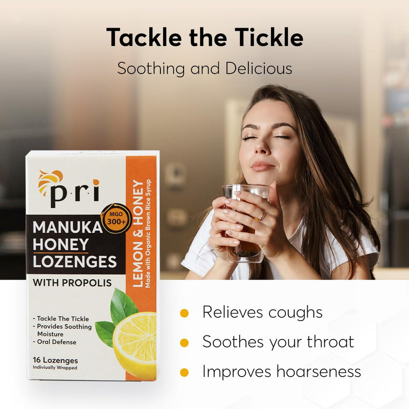 [Australia] - P.R.I Manuka Honey Lozenges with Propolis, Soothing Cough and Throat Drops, MGO 300+ Certified, (Lemon, 16 Count) Lemon 1-Pack 