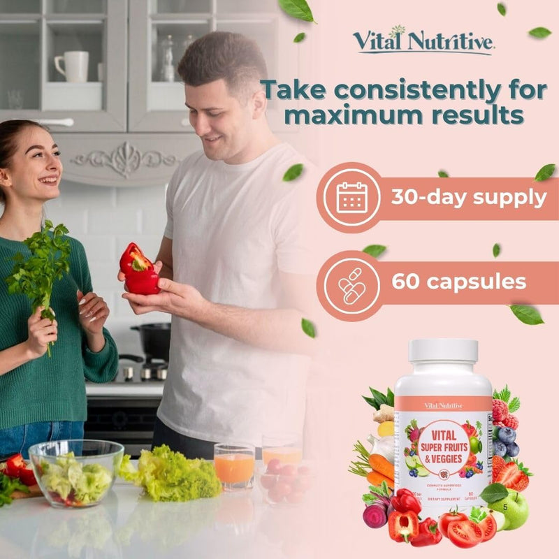 [Australia] - Vital Super Fruits & Veggies - Daily Superfood Capsules for Adults - Fruit and Veggies Supplement to Boost Immunity & Energy - 2-in-1 Formula for Overall Wellness - Fruit and Vegetable Capsules 60 Count (Pack of 1) 