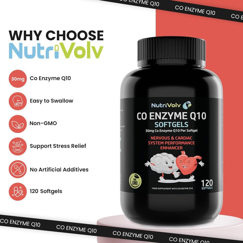 Ubiquinone Coenzyme Q10 Softgel Capsules | 120 Co Enzyme Q10 Softgels | Naturally Fermented High Absorption CoQ10 Capsules | Antioxidant | Made in UK | by NutriVolv