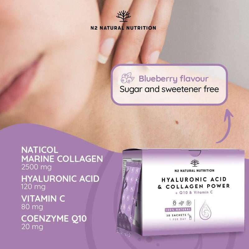 Hyaluronic Acid 120mg + Collagen 2500mg + Vitamin C + coq10. Collagen Supplements for Women. High Dosage. Blueberry Flavour. Reduces Wrinkles, Moisturises and Rejuvenates. N2 Natural Nutrition Hyaluronic Acid & Collagen Power (sachets)