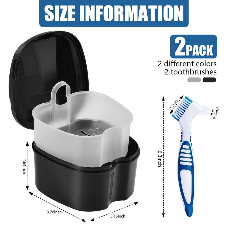 2 Pack Denture Bath Case Cup Box Holder Storage Container with Denture Cleaner Brush Strainer Basket for Travel Cleaning (White and Black) White and Black