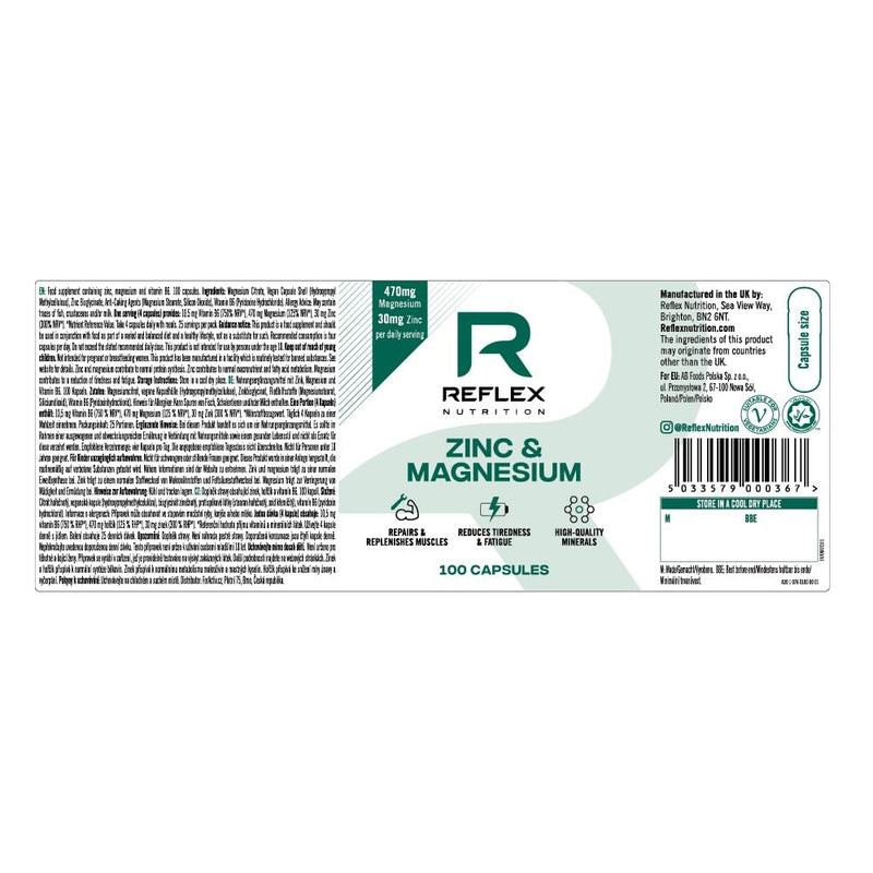 Reflex Nutrition Zinc & Magnesium - Normal Muscle Function & Protein Synthesis Support - Reduce Tiredness and Fatigue - Essential Mineral Magnesium Supplements & Zinc Supplements (100 Capsules, Vegan)