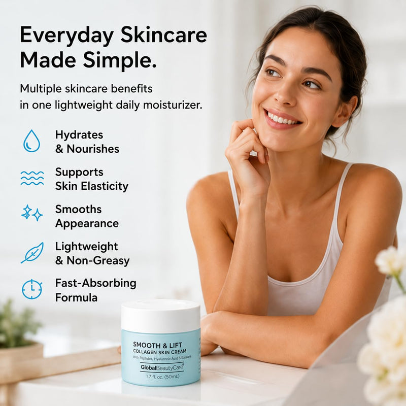 Global Beauty Care Smooth & Lift Collagen Skin Cream - Hydrating Face Moisturizer to Support Skin Elasticity with Peptides, Hyaluronic Acid, Squalane, Niacinamide & Vitamin E, 1.7 fl oz (3 Pack) 0.57 Fl Oz (Pack of 3)