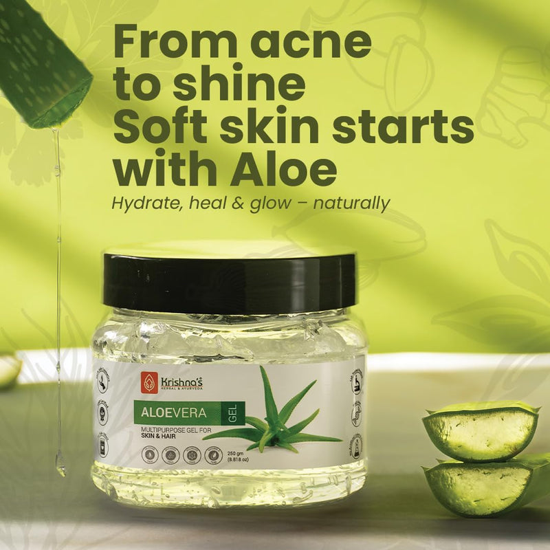 KRISHNA'S HERBAL & AYURVEDA Aloe Vera Gel, Pure Non-Sticky Transparent 3 In 1 Aloe Fresh Soothing Gel For Skin, Body & Hair, Vitamin E Natural Emollients, Dark Spots And Acne 250 g (Pack of 1) White