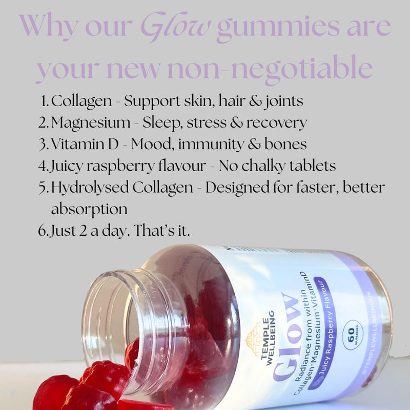 Glow Collagen Gummies | High-Strength Type 1 Hydrolysed Collagen with Magnesium & Vitamin D | Skin, Hair & Nail Support | Delicious Juicy Raspberry Flavour | 60 Chewable Gummies