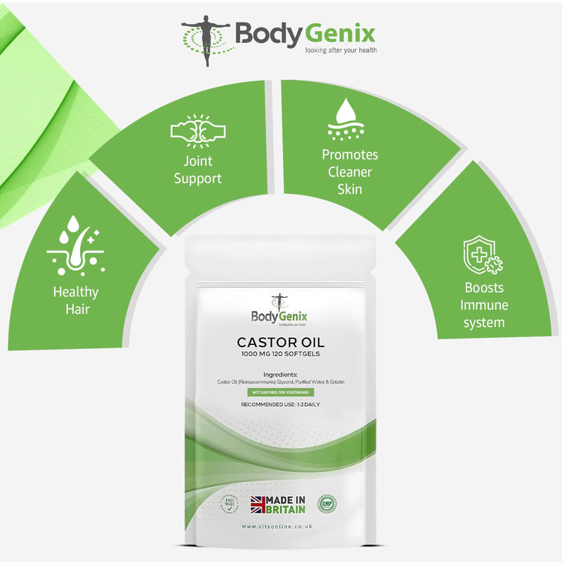 Bodygenix Castor Oil 1000mg Softgel - Supports Immune System Skin Hair Health Joint Wellness Relief Natural Health Supplement - 120 Softgels, 4 Month Supply 120 count (Pack of 1)