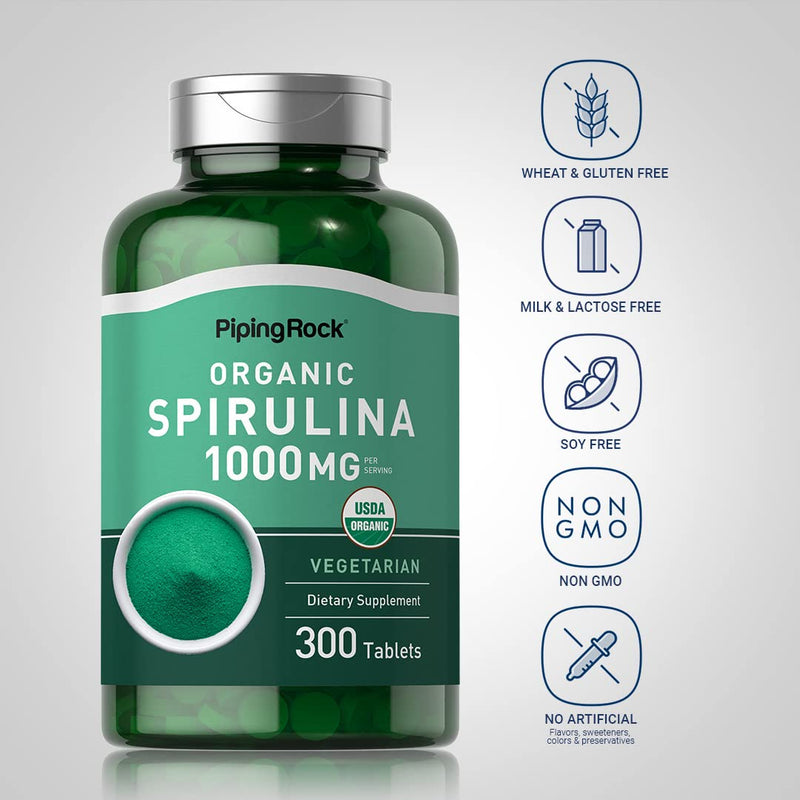 [Australia] - Piping Rock Organic Spirulina | 1000mg | 300 Tablets | Arthrospira Platensis | Vegetarian, Non-GMO, Gluten Free Supplement 