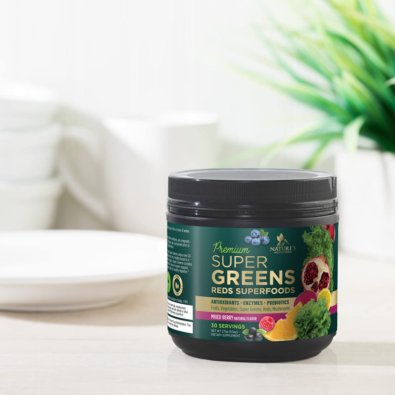 [Australia] - Super Greens Powder Smoothie Mix - Green Whole Food Blend Supports Energy & Gut Health with Spirulina, Chlorella, Mushrooms, Vegetables, Digestive Enzymes & Probiotics - Vegan Superfood - 30 Servings 
