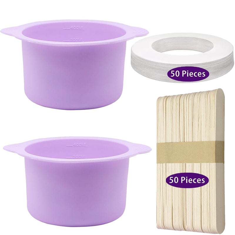 2pcs Silicone Wax Warmer Liner & 50 Pcs Waxing Sticks Body Hair & 50 Pcs Protective Collars Ring Removal Sticks Applicator Easy to Clean Non-Stick Wax Pot Silicone Bowl Purple-2