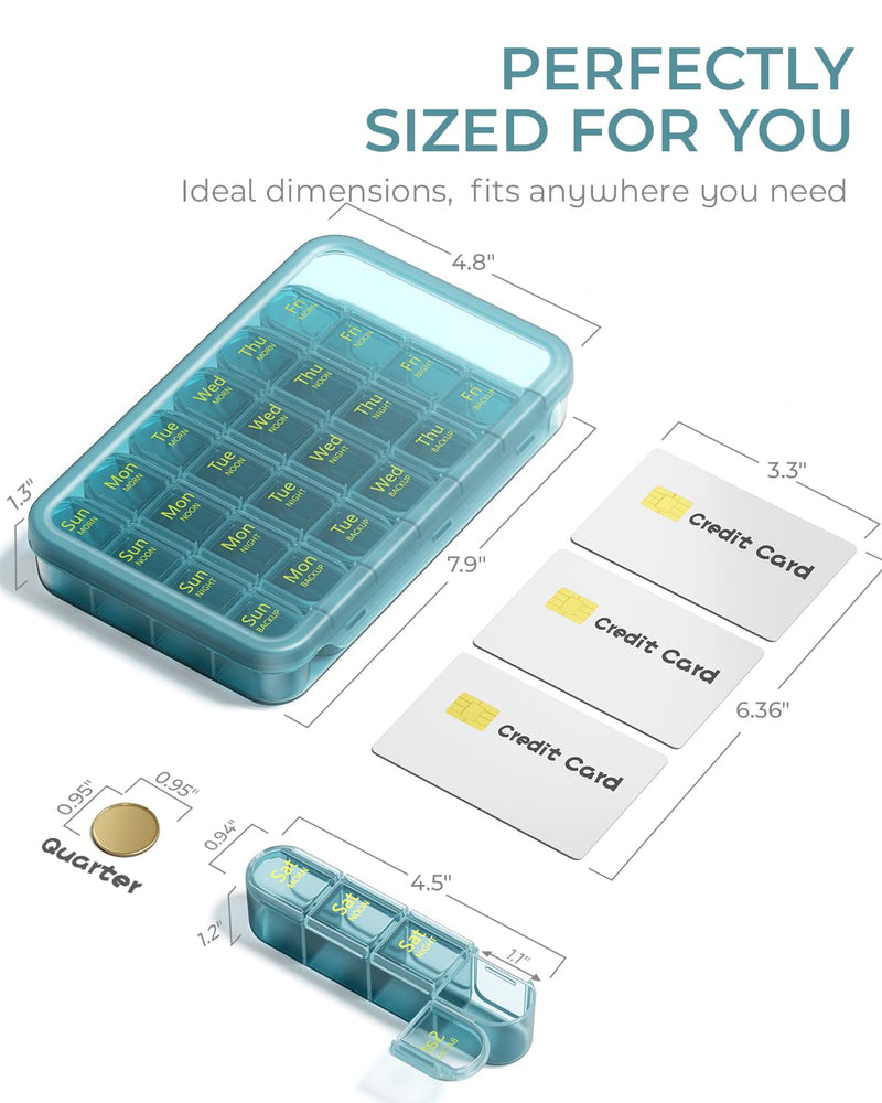 Odaro Weekly Pill Organizer 4 Times A Day, Daily Pill Box 7 Day, Dark Blue | Large Travel Case 28 Compartment, Holds Meds Vitamins Supplements, Removable Slots, Clear Elderly Marks, Tight Snap Leakproof Full Blue