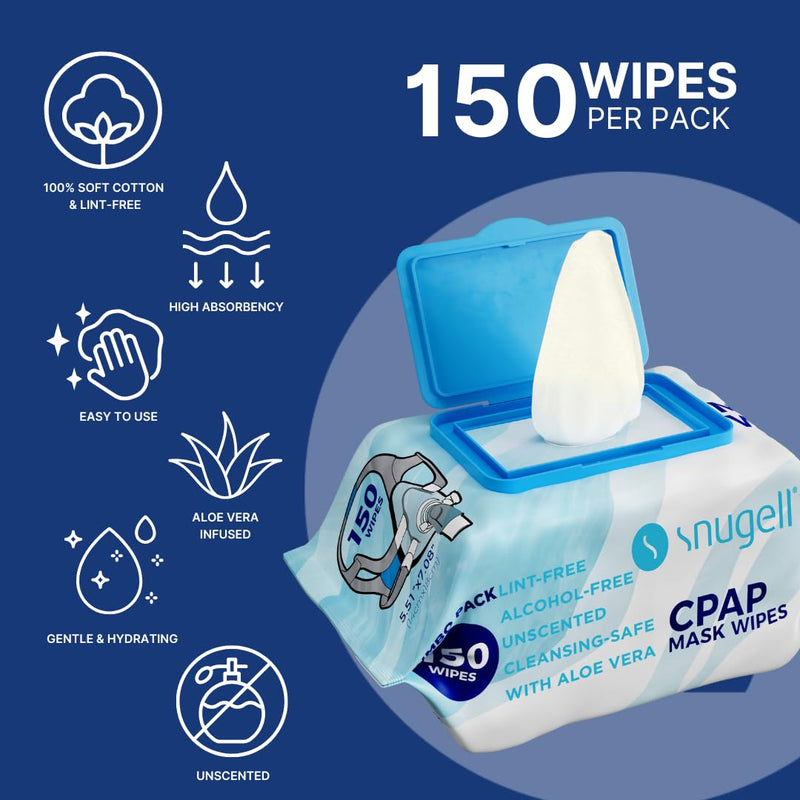 [Australia] - Snugell Unscented Travel CPAP Mask Wipes Antibacterial (150 Count) ‚Äì100% Soft Cotton‚Äì Lint & Alcohol-Free,Skin Safe with Aloe Vera ‚Äì Easy Opening CPAP Cleaner and Sanitizer for Masks, Tubes & Devices 150 Count (Pack of 1) 