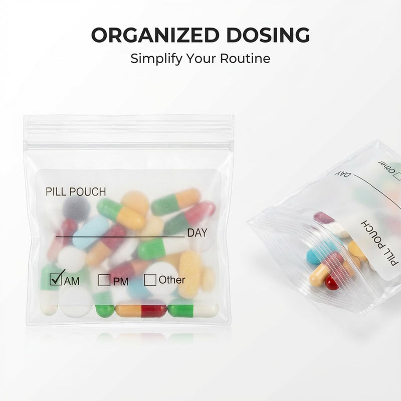 114PCS Travel Pill Organizer - RAINFLOW Bpa Free Pill Bags for Travel, Pack of 50 Clear Label Writing Baggies 50 Mylar Bags 7 Colors Small Ziplock Bag 7 Pill Box AM PM Supplements Baggies
