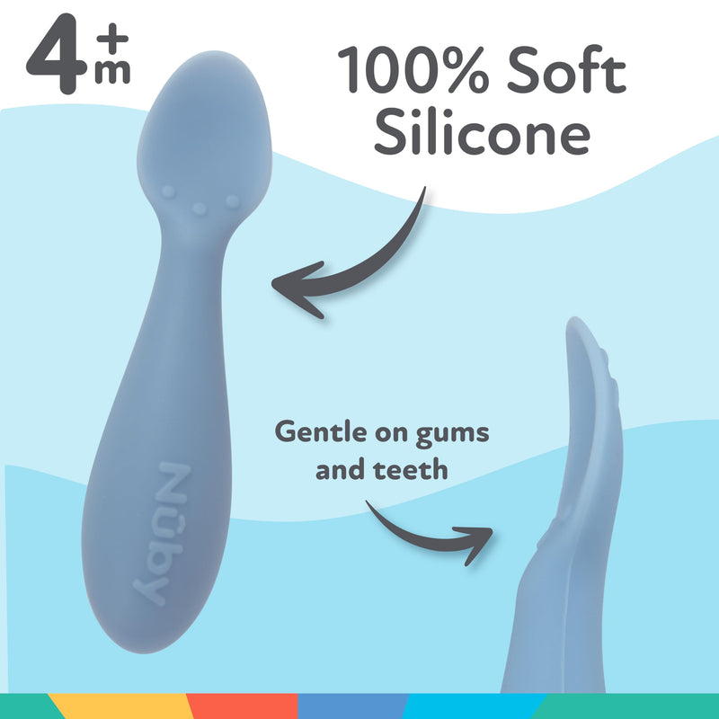 [Australia] - Nuby Silicone Mini Spoons - (2-Pack) Baby-Led Weaning Spoons for Babies - 4+ Months - Blue 