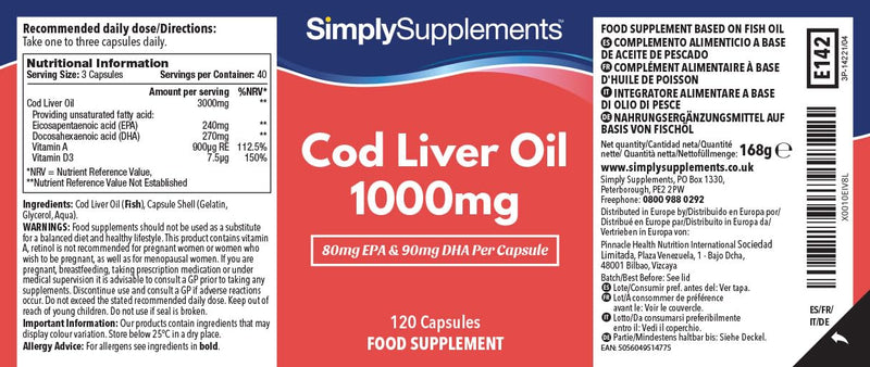 [Australia] - Cod liver oil 1000mg - 120 capsules - supply for up to 4 months - SimplySupplements 