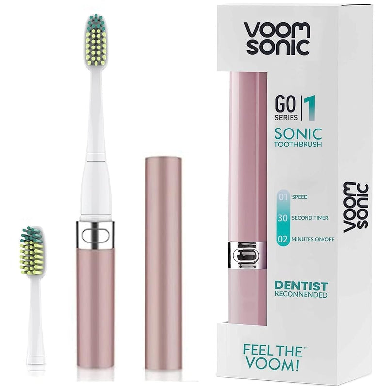[Australia] - Voom Sonic Go 1 Series Travel Electric Toothbrush, Travel Toothbrush (Dentist Recommended) - Battery Operated Toothbrush for Adults & Kids, Sonic Toothbrush, Portable w/ 2 Minute Timer Metallic Rose 