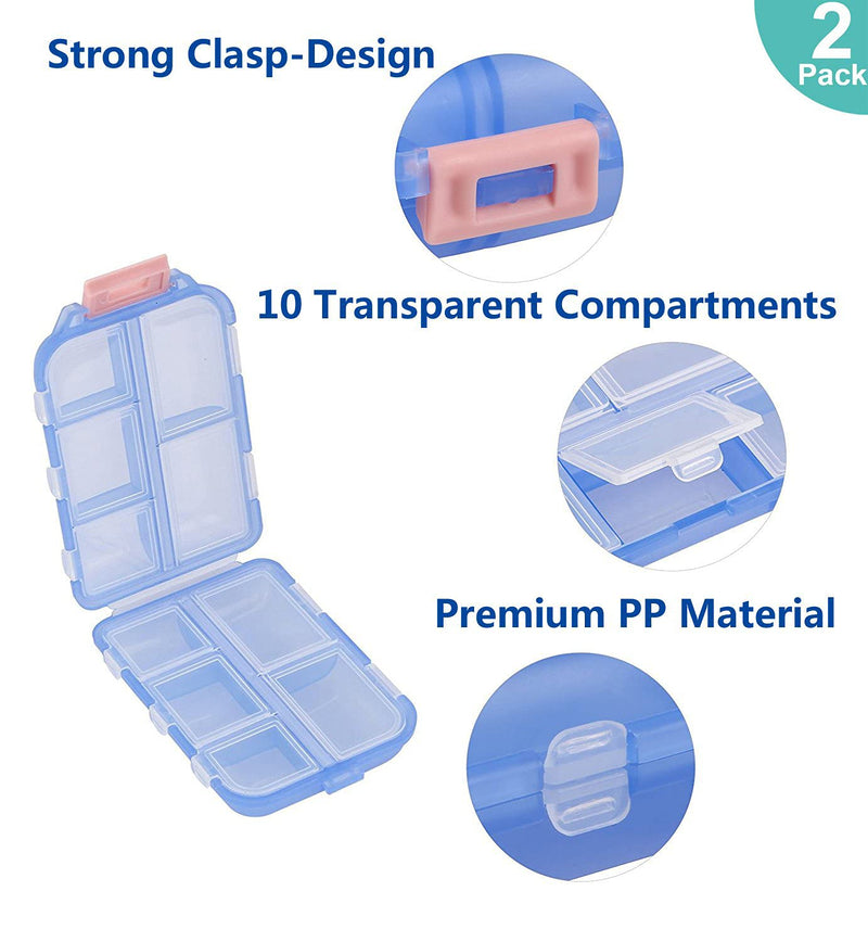 Pill Case (2 Pack) - Portable Small Supplements Tablet Container Box with 10 Compartments - Medicine Vitamin Organizer Dispenser Holder Storage for Travel Trip Pocket Purse(Blue+White) Blue+white