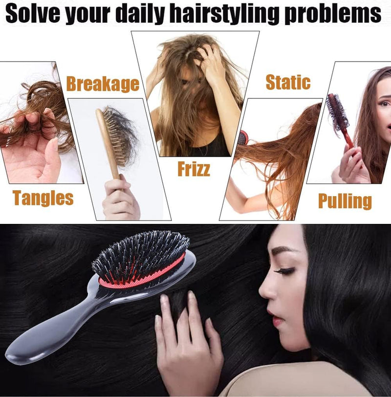 ﻿Boar Bristle Detangling Paddle Hair Brush and Comb Set for Women Men, Anti-frizz Styling Hairbrush for Curly Fine Wavy Natural Tangled Hair, Boar Nylon Bristle Cushioned Brush 1.0