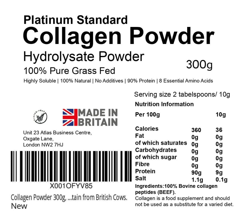 Collagen Powder 300g, 100% Pure Unflavoured, Grass Fed, Platinum Standard, Bovine, Made in Britain from British Cows (Bovaer Free).