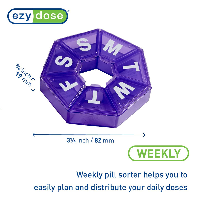 Ezy Dose Weekly (7-Day) Pill Organizer, 7-Sided Medicine Planner, Purple | Compact Daily Round Vitamin & Supplement Medicine Case, Convenient and Easy to Use, Travel-Friendly Container, BPA-Free