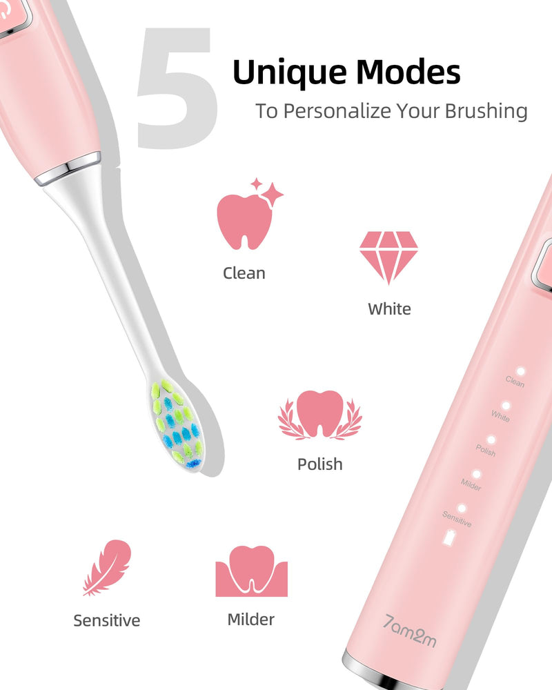 [Australia] - 7AM2M Sonic Electric Toothbrush with 6 Brush Heads for Adults and Kids, One Charge for 90 Days, Wireless Fast Charge, 5 Modes with 2 Minutes Built in Smart Timer, Electric Toothbrushes(Pink) Pink 1 Count (Pack of 1) 