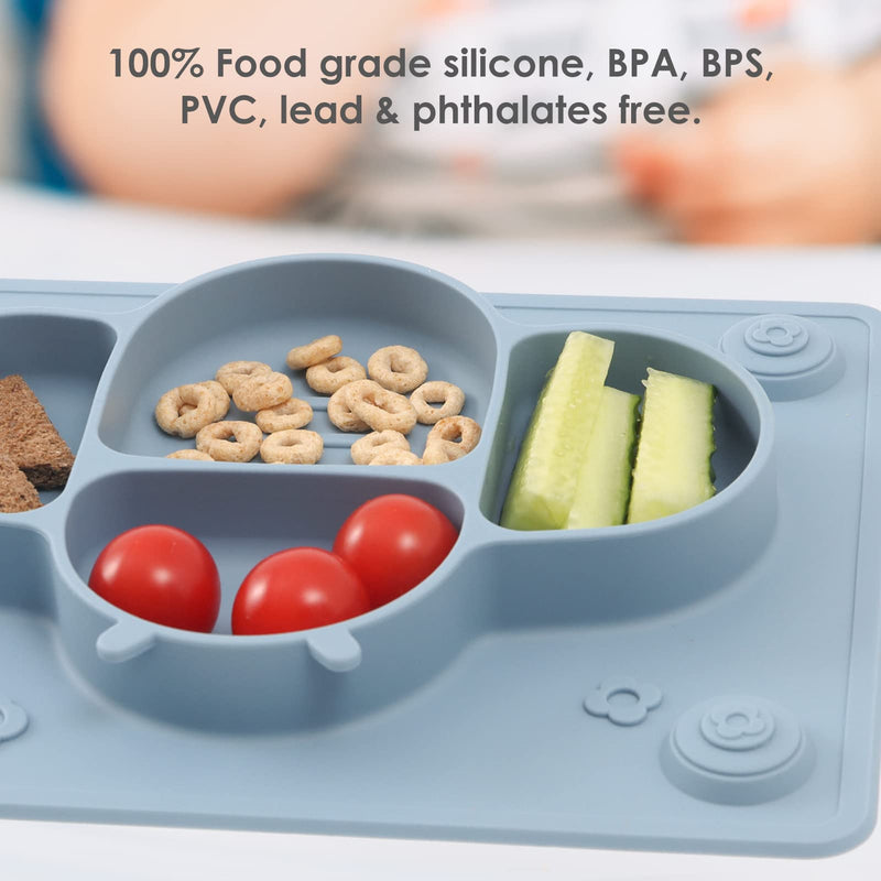 [Australia] - ROCCED Suction Plates for Baby placemat Spoon Fork Set for Toddlers, Silicone Baby Plates with Suction Baby Dishes for Kids Plates-Dusty blue Dark Blue 
