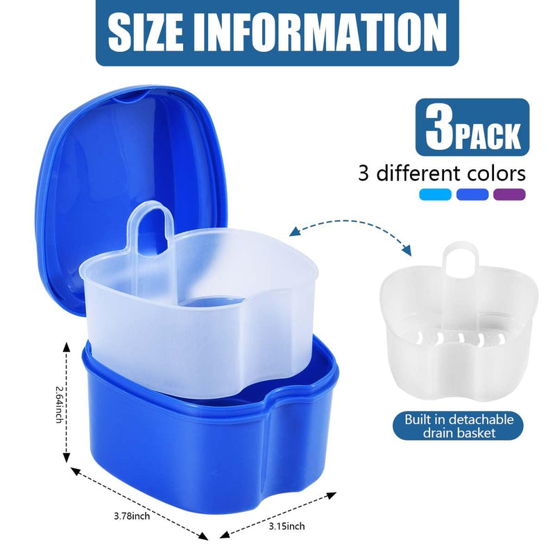[Australia] - 3 Pack Colors Denture Bath Case Cup Box Holder Storage Soak Container with Strainer Basket for Travel Cleaning (Blue, Light Blue, Purple) Blue, Light Blue, Purple 