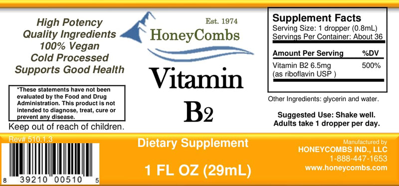 HoneyCombs Vitamin B2 (Riboflavin) Drops - 1 Fl Oz + Vitamin B1 (Thiamine) Drops- 1 Fl oz