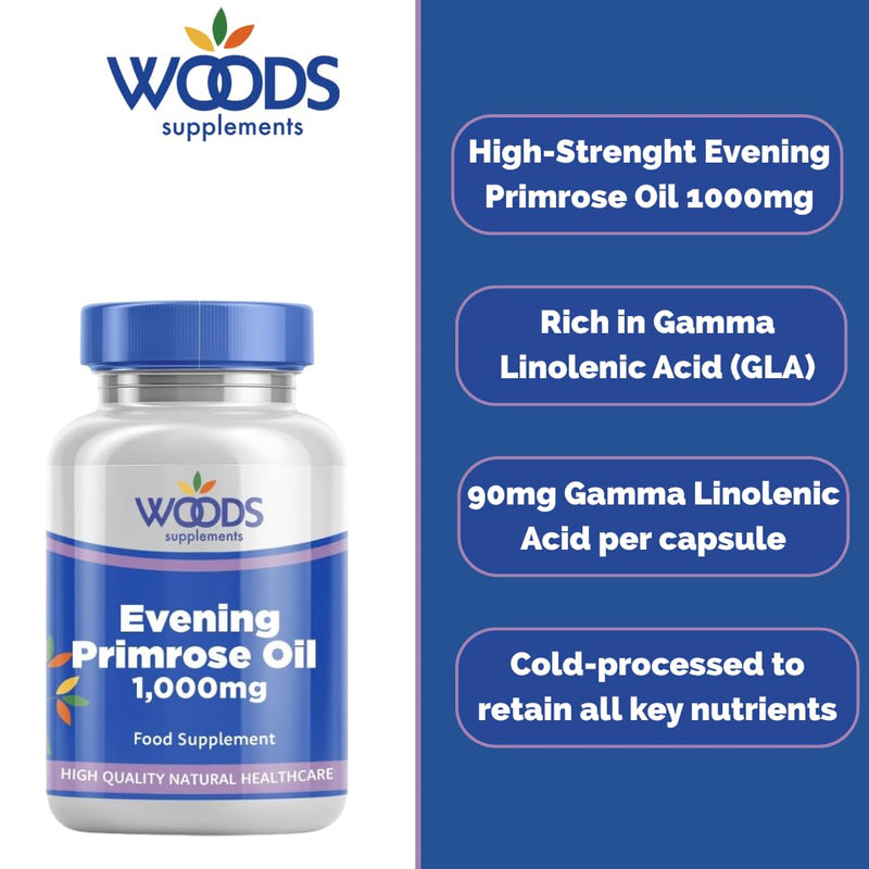 Woods Supplements - Evening Primrose Oil 1000mg 180x Capsules. Pure Cold Pressed High Strength 90mg GLA Omega 6 Fatty Acid for Healthy Skin, Nerve Function and Hormonal Balance Support 180