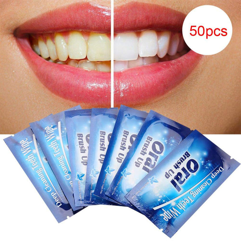 50pcs Disposable Wipe Oral Brush Finger Deep Cleaning Wipes Care Portable Traveling Office Home Mint Flavor Oral Finger Wipes Teeth whitening Wipes Oral Cleaning Wipe (Blue) Blue