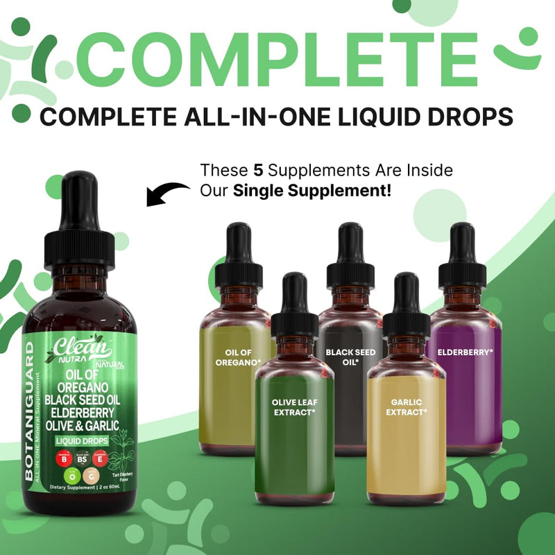[Australia] - Clean Nutra Oil of Oregano Drops Black Seed Oil Elderberry Vitamin D D3 K2 Olive Garlic Immune Support Supplement Wellness Formula Zinc Supplements Liquid 2 Fl Oz BotaniGuard Vegan, Non-GMO 
