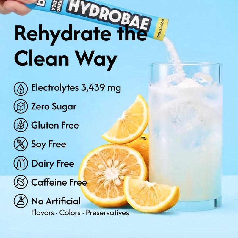 HYDROBAE Electrolyte Powder - Yuzu Citrus, Zero Sugar, for Nights Out, 30ct | Hydration drink mix packets with Korean pear, L-theanine, ginger, vitamin C and B12 for workouts, hot days and outdoor works 30 Servings (Pack of 1)