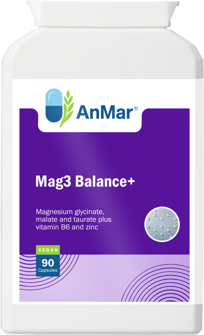 AnMar Mag3 Balance+ Magnesium Complex Capsules – Magnesium Glycinate, Malate & Taurate with Zinc & Vitamin B6 – Vegan Mineral Supplement for Muscle Function & Energy Support – 90 Capsules