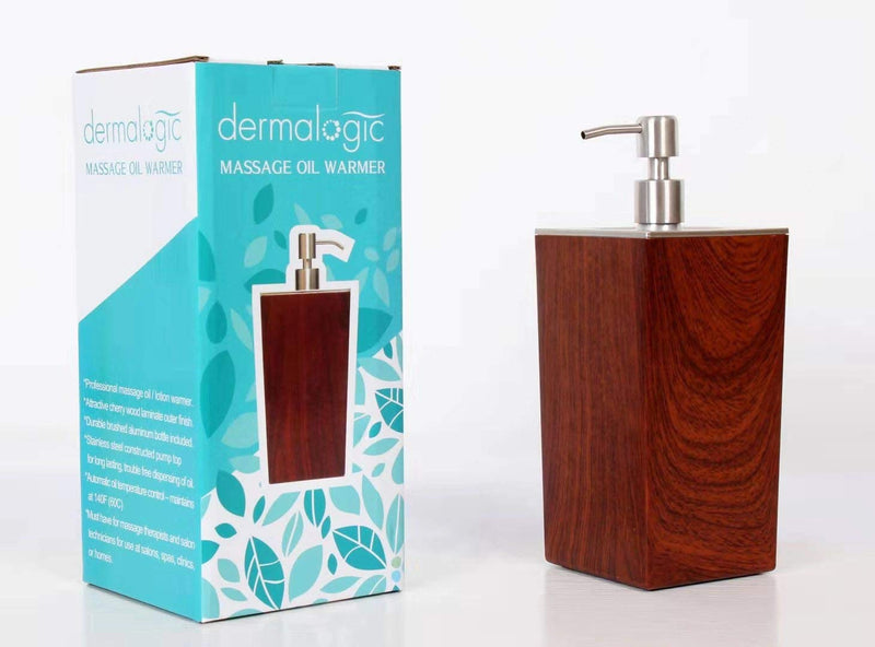 Massage Oil Warmer for Pro Spa Massage, Home Lotion Warmer with Aluminum Bottle Pump Set, Plug-in Oil Heater Beauty Salon Treatment Equipment Cherry Wood