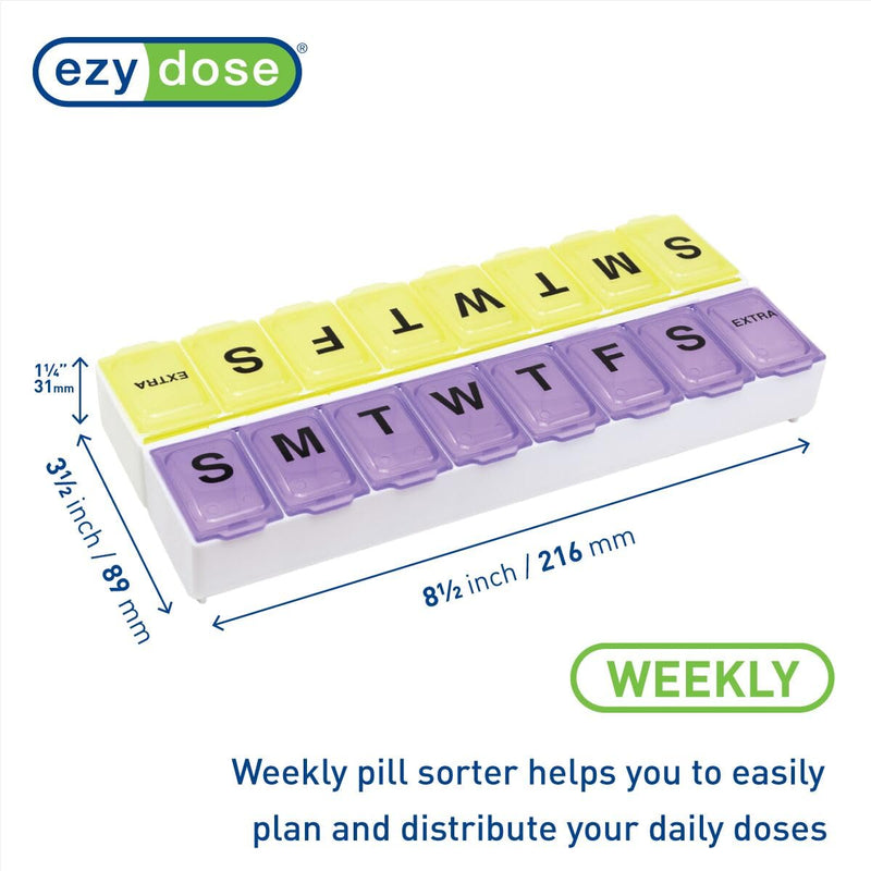 EZY DOSE Weekly (14-Day) Daily Pill Case, Medicine Planner, Vitamin Organizer, Supplement Container, 2 Detachable Weeks + Extra, Large Snap Compartments, Easy Open, Color May Vary, BPA Free Large (14-Day)