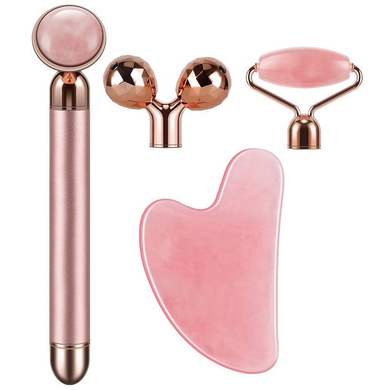 [Australia] - 4-in-1 Face Massager and Gua Sha Set for Women, Rose Quartz Face Roller Skin Care Tools Electric Eye Massager Tool for Face Skin Roller 