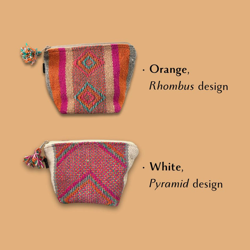 Handmade Makeup Pouches from Peru – Boho Chic Cosmetic Bag with Zipper, Cute Beauty Pouch for Purse Bag Organizer or Travel Essentials (Pyramid, White - Pink) Pyramid