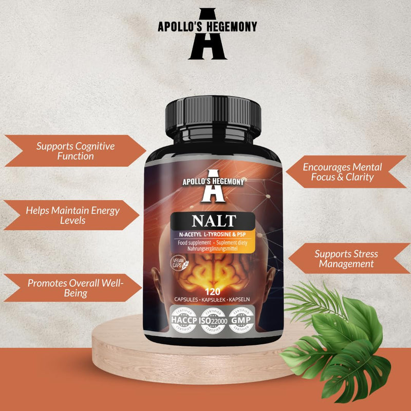 N-Acetyl-L-Tyrosine (NALT) 500mg and Active Vitamin B6 (P-5-P) 2mg - 120 Capsules - 4 Months Supply - High Strength Amino Acid Supplement - Cognitive Booster - by Apollo's Hegemony