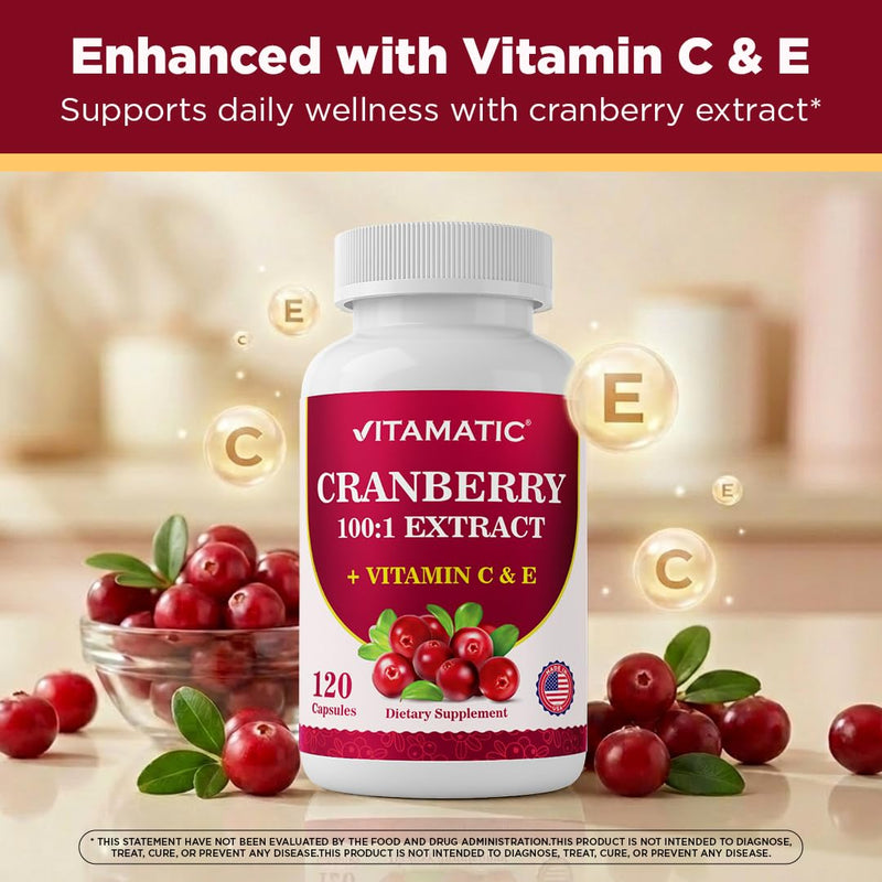 Vitamatic Cranberry 500 mg 100:1 Extract (2 Capsules) with Vitamin C & E – 120 Veg Capsules – Urinary Tract & Bladder Support Supplement – Non-GMO, Gluten Free, Made in USA