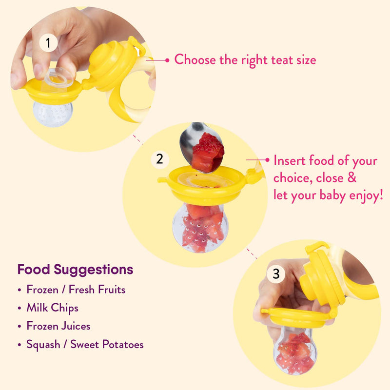 [Australia] - NatureBond Baby Food Feeder/Fruit Feeder Pacifier Nibbler (2 Pack) - Infant Teething Toy Teether Weaning in Appetizing Colors | + Additional Silicone Sacs Peach Pink and Lemonade Yellow 
