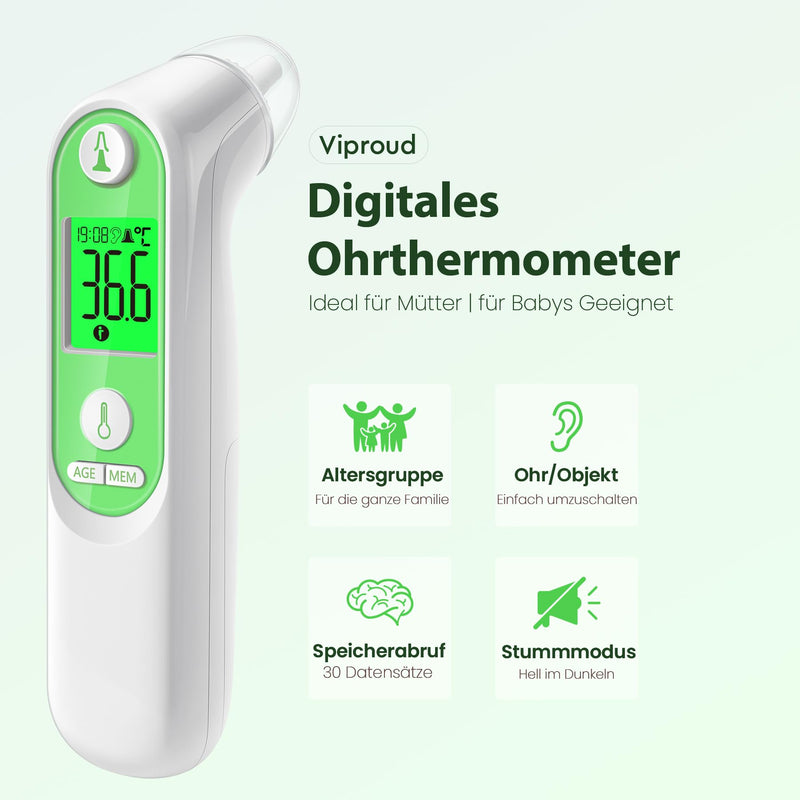 [Australia] - Ear Thermometer for Baby Adults, Ear Fever Thermometer with Age Measurement and Color-Coded Temperature Display, Digital Infrared Thermometer with 21 Disposable Protective Caps (Green) 