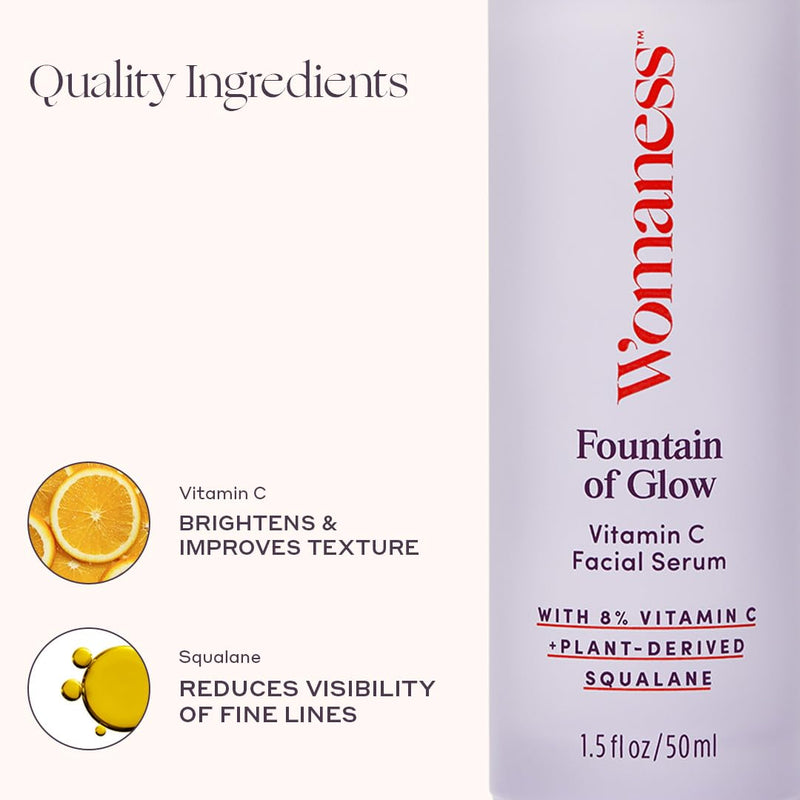 Womaness Fountain of Glow - Vitamin C Face Serum, Brightening Glow Serum with 8% Vitamin C & Plant-Derived Squalane Oil, Antioxidant Serum for Even Skin Tone, Menopause & Perimenopause Care - 30ml 1 Fl Oz (Pack of 1)