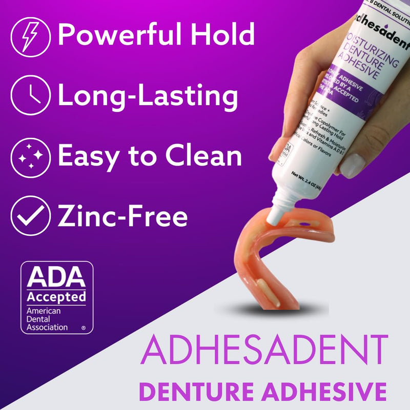 [Australia] - Dr. B Dental Solutions Adhesadent Moisturizing Denture Adhesive - Secure Denture Glue with Strong Grip & Natural Taste - Zinc-Free Dental Adhesive for Dentures, Overdentures - 2.4 oz 2.4 Fl Oz (Pack of 1) 