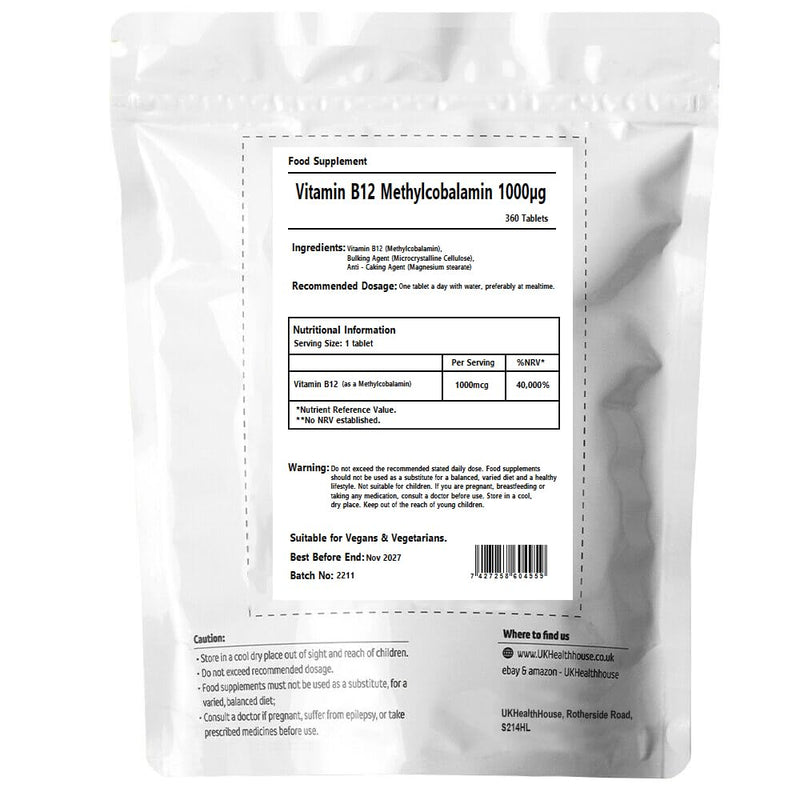 UKHealthHouse Vitamin B12 Methylcobalamin 1000mcg - Tablets - Reduces Tiredness & Fatigue - High Strength for Red Blood Cell Formation Fast Absorption (360) 360 count (Pack of 1)