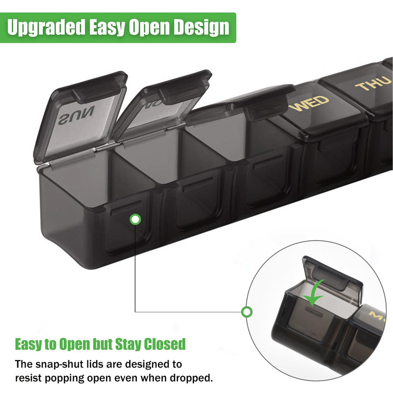 2 Pack Weekly Pill Organizer, Large 7 Day Pill Case, Daily Vitamin Case Medicine Box, AM/PM Pill Containers for Medicine Supplements Fish Oil (Black & Black) Black & Black
