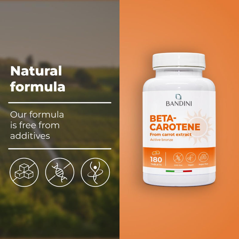 Bandini® Beta Carotene 180 Tablets | Beta-Carotene Supplement Rich in Vitamin A for an Intense tan and Radiant Skin | Carotenoid Tanning Tablets for Men & Women | Enhancing Natural Skin Tone | Vegan