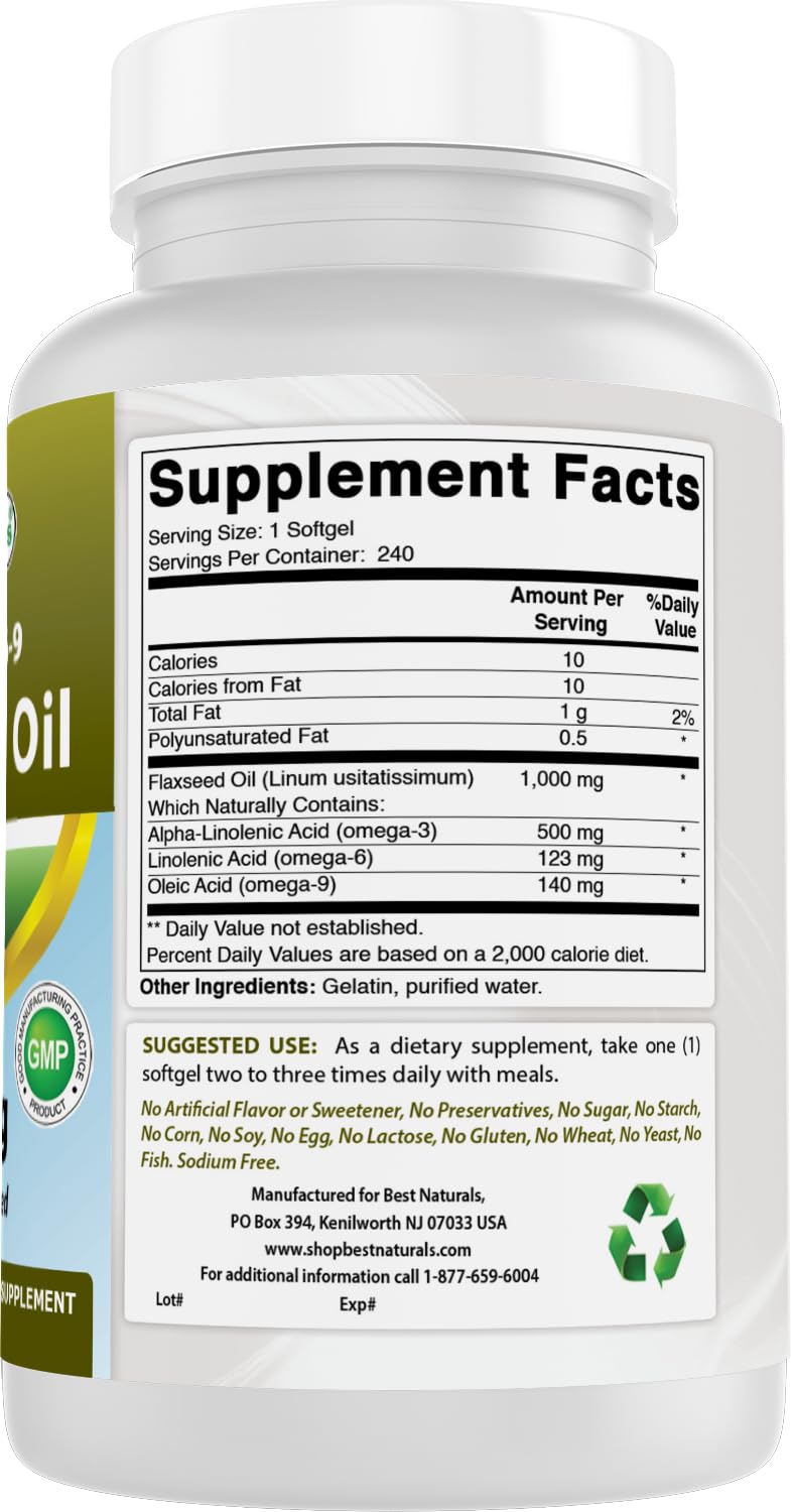 Best Naturals Flaxseed Oil 1000 mg 240 Softgels - Omega-3-6-9 for Heart Health | Great Source of Omegas