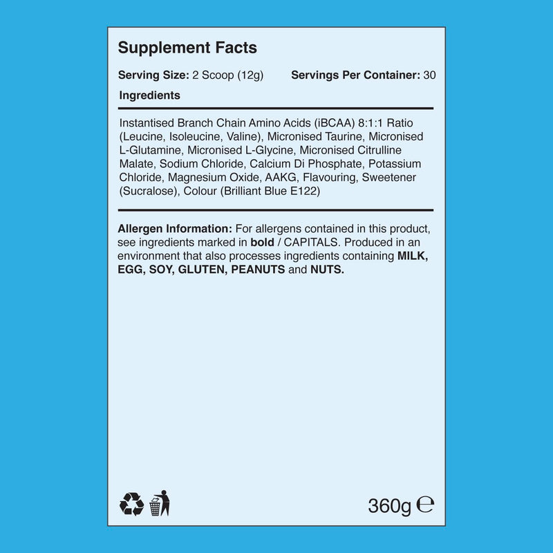 Warrior Aminos + Electrolyte Powder 360g - Amino Acid (BCAA) Hydration Formula for Performance & Recovery - Supplement for Intra or Post Workout - 30 Servings (Blazin Blue Raz) Blue Raspberry